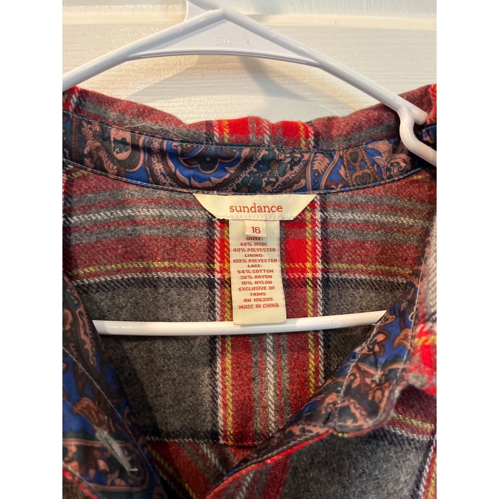 Sundance Plaid Flannel Lace Back Mixed Media Button Down Shirt Size xl b3 - Picture 2 of 8